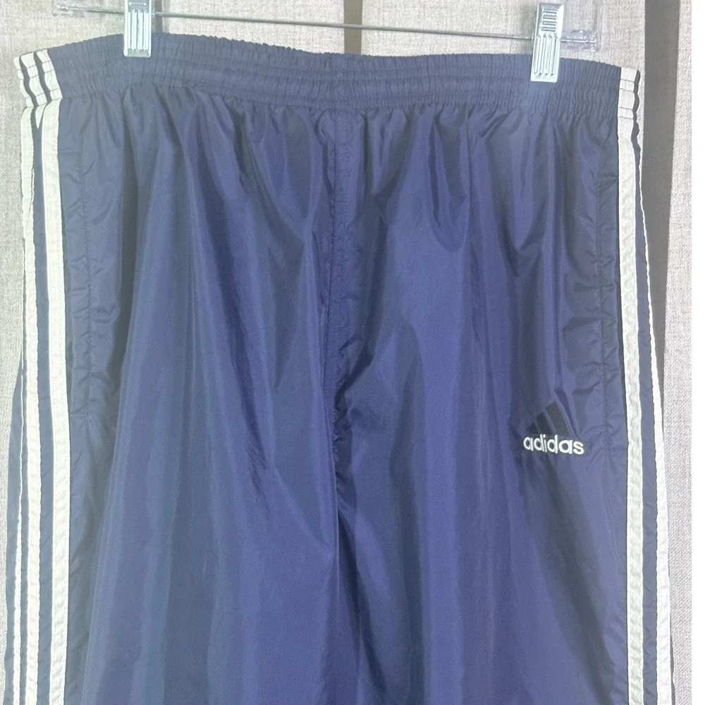 Adidas Mens Vtg 90s Track Pants Navy White Stripe Nylon Windbreaker XL Zip Leg
